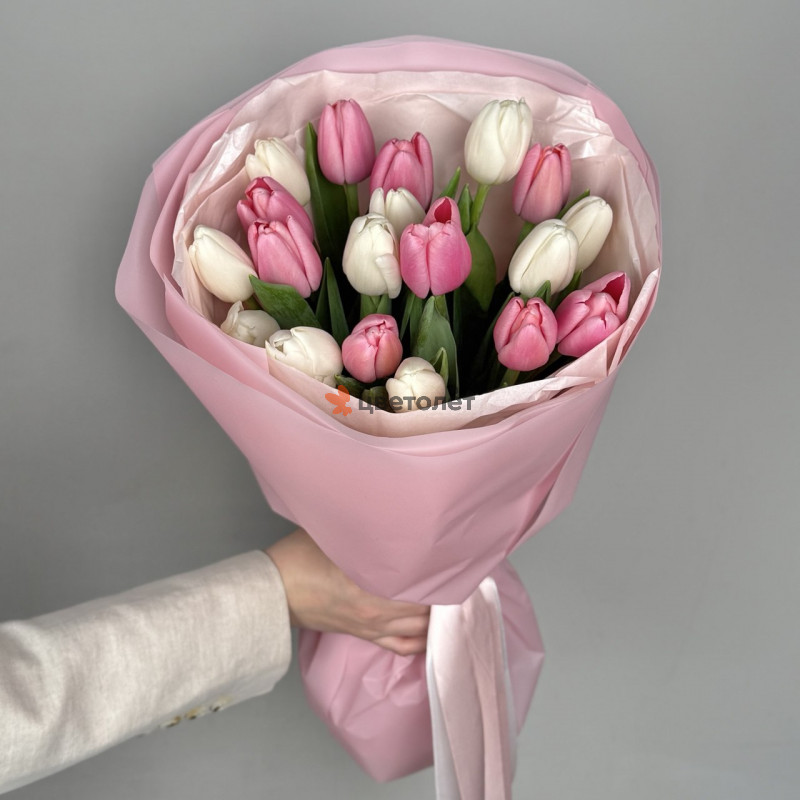 Бело-розовый микс тюльпанов, 19 шт